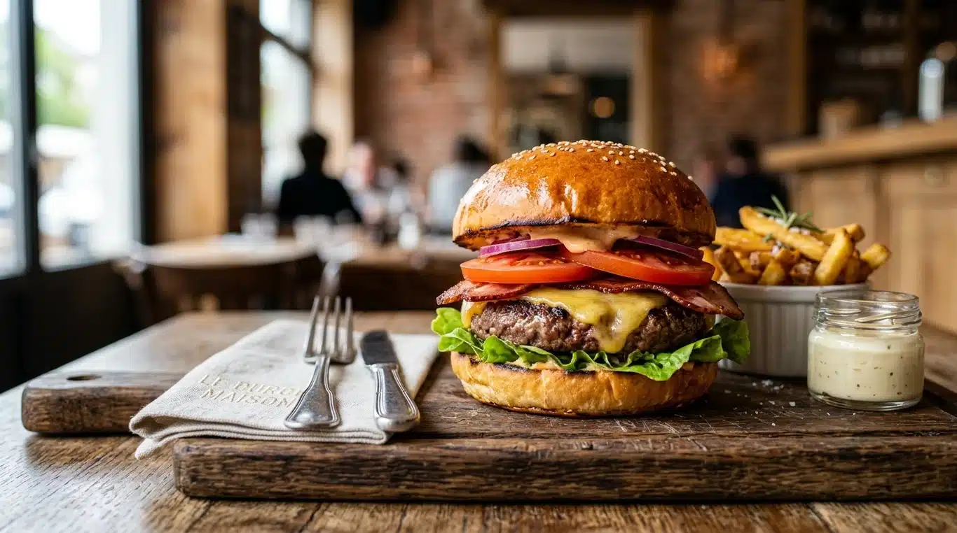 Un burger classique appétissant avec salade, tomate et oignon sur un pain brioché toasté