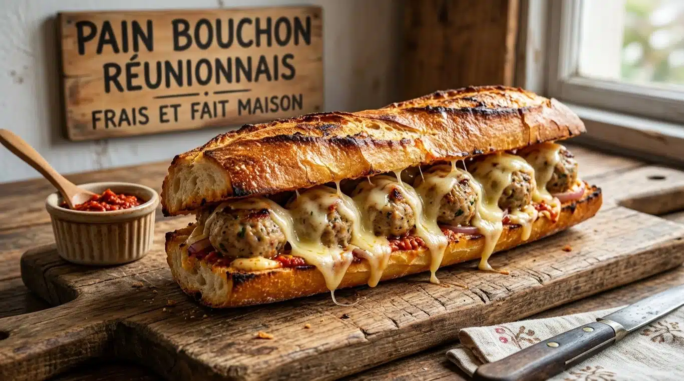 Pain bouchon réunionnais gratiné, sandwich chaud traditionnel.