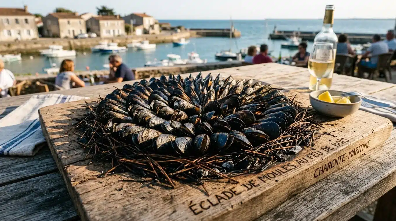 Éclade de moules traditionnelle sur une planche en bois