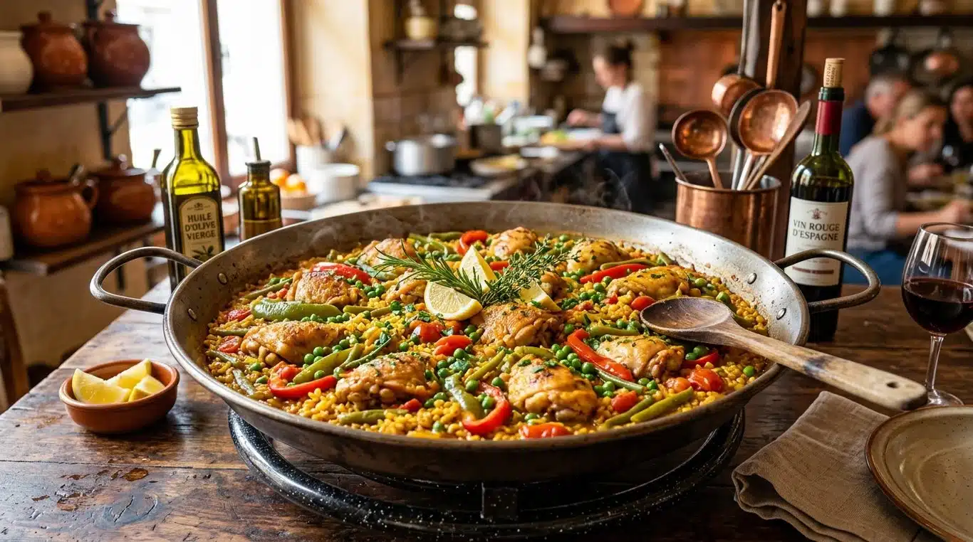 Plat de paella au poulet traditionnel dans une paellera avec riz safrané, poivrons et petits pois.