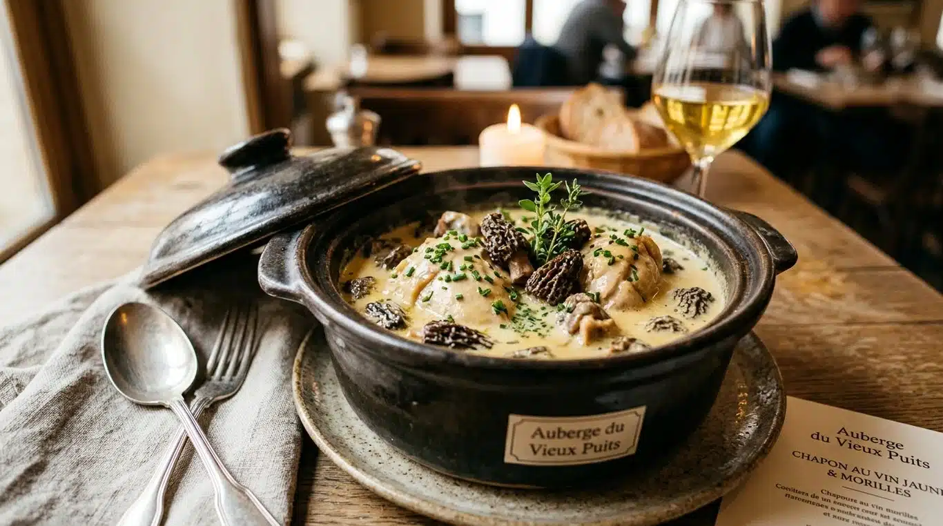 Plat de chapon au vin jaune et morilles dressé dans une cocotte