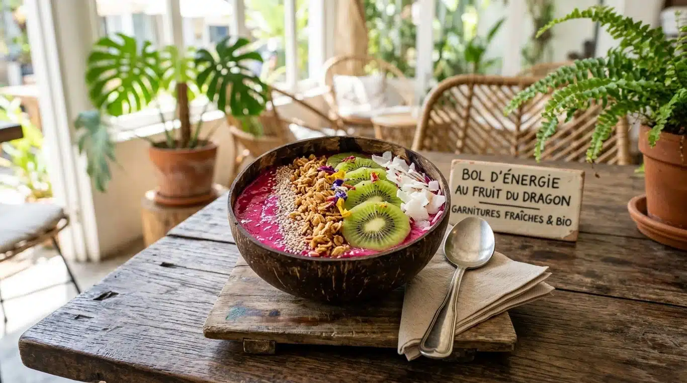 Bol de smoothie au fruit du dragon garni de granola et de fruits frais.