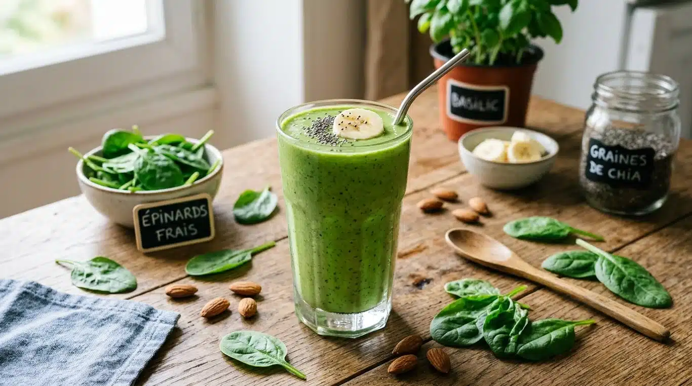 Un smoothie vert sain et appétissant dans un verre, garni de graines de chia et d'une rondelle de banane, sur une table en bois avec des épinards frais.