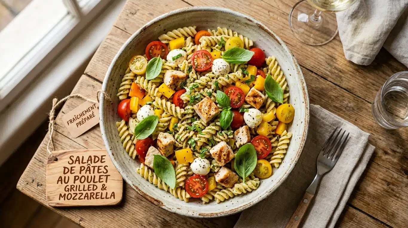 Salade de pâtes au poulet colorée et appétissante dans un bol rustique.