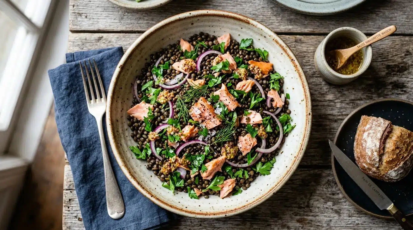 Salade de lentilles tiède au saumon fumé