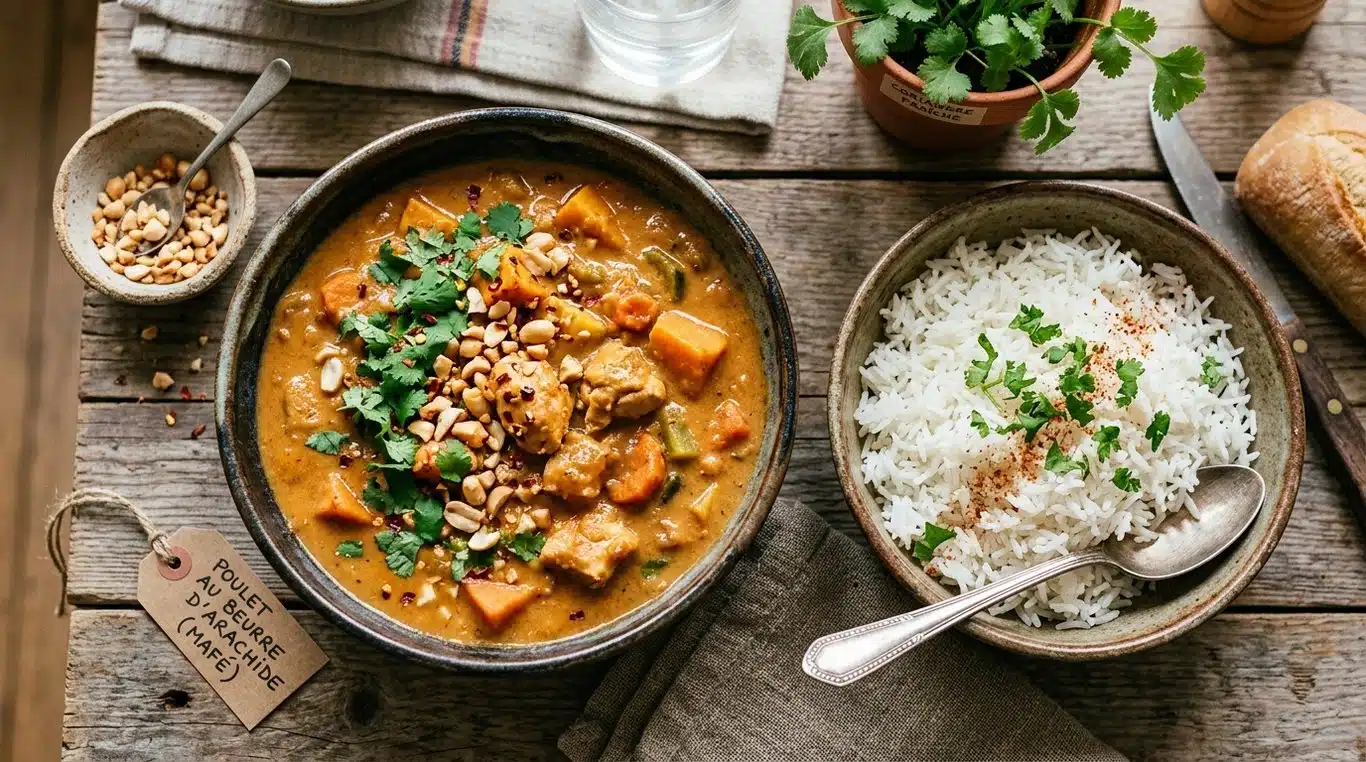 Plat de poulet onctueux au beurre de cacahuète façon Mafé servi avec du riz
