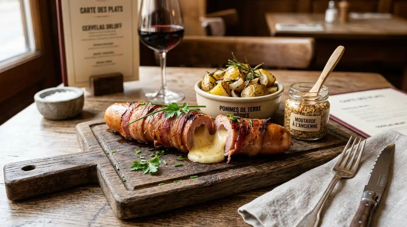 Cervelas Orloff traditionnel doré au four avec fromage fondu et lard croustillant.