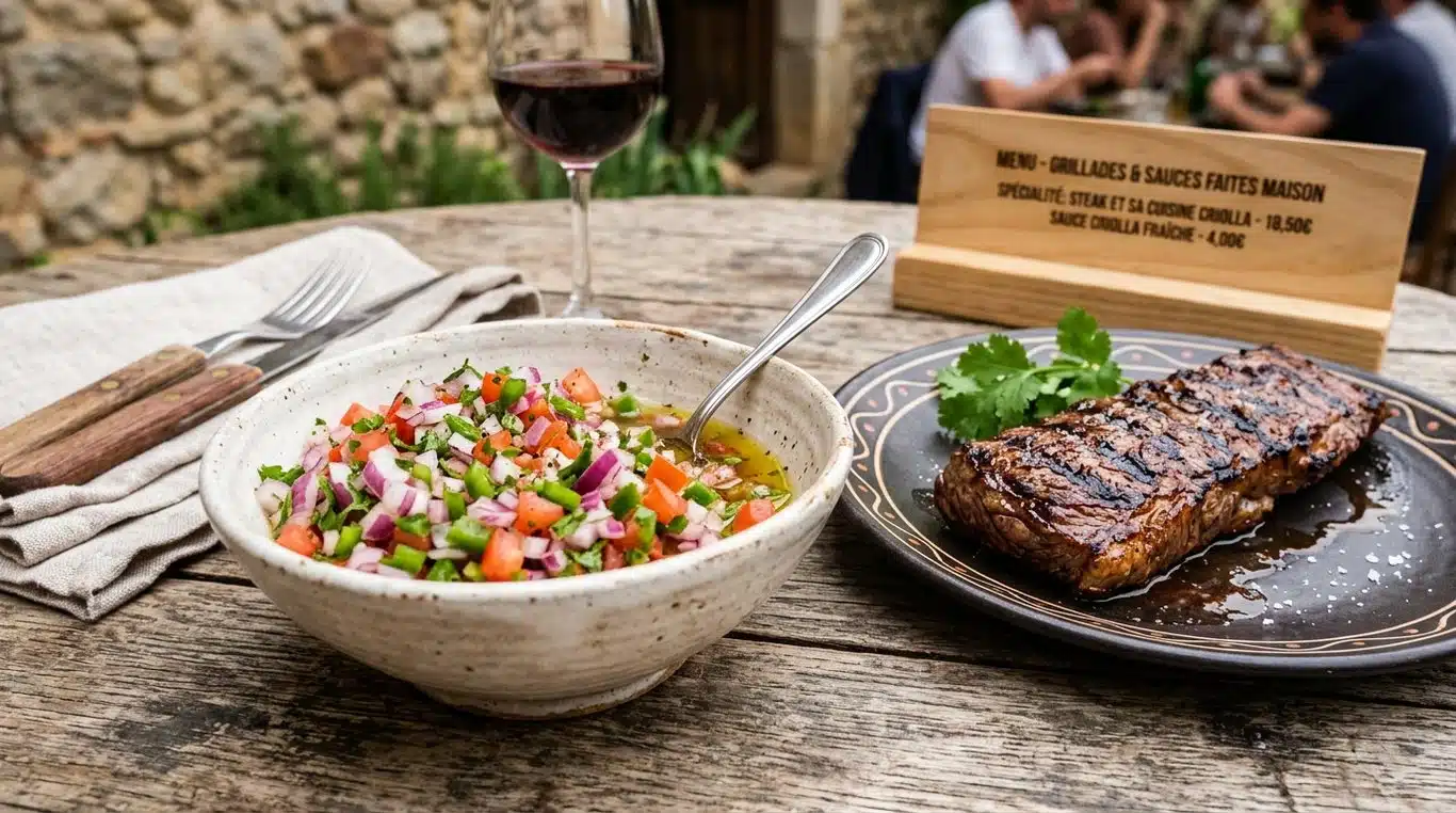 Bol de salsa criolla fraîchement préparée à côté d'une entrecôte grillée