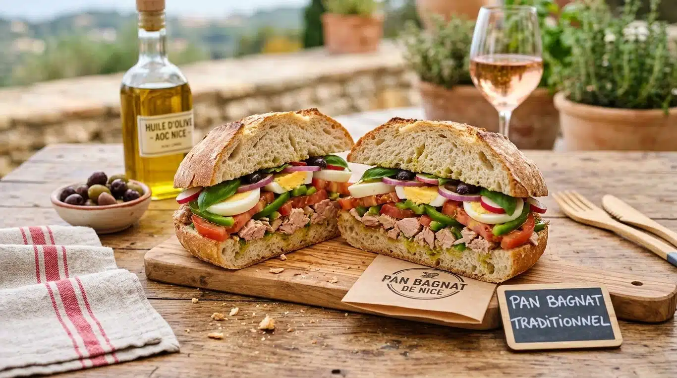 Pan bagnat niçois traditionnel coupé en deux montrant ses ingrédients frais