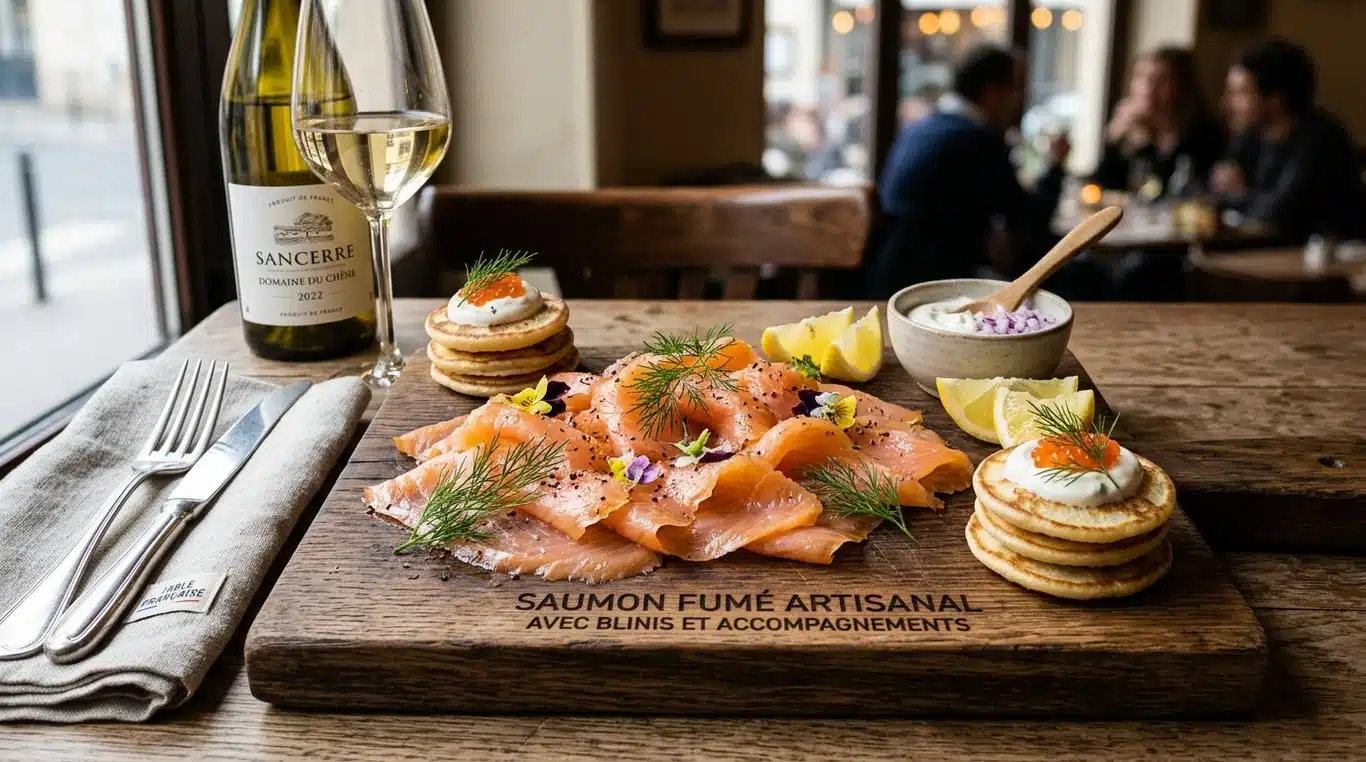 Saumon fumé artisanal dressé sur une planche en bois avec aneth et blinis