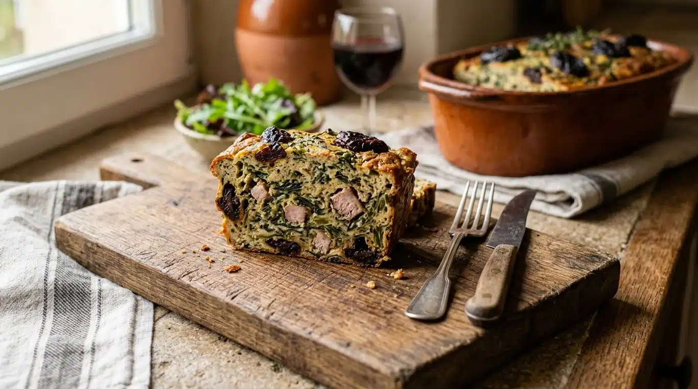 Tranche de pounti traditionnel auvergnat aux pruneaux et blettes