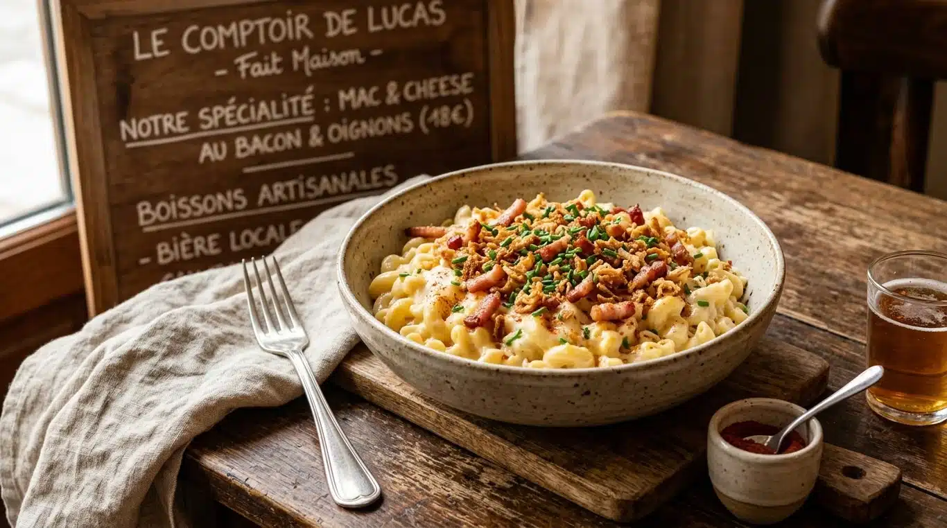 Bol de Mac & Cheese garni de bacon croustillant et d'oignons frits