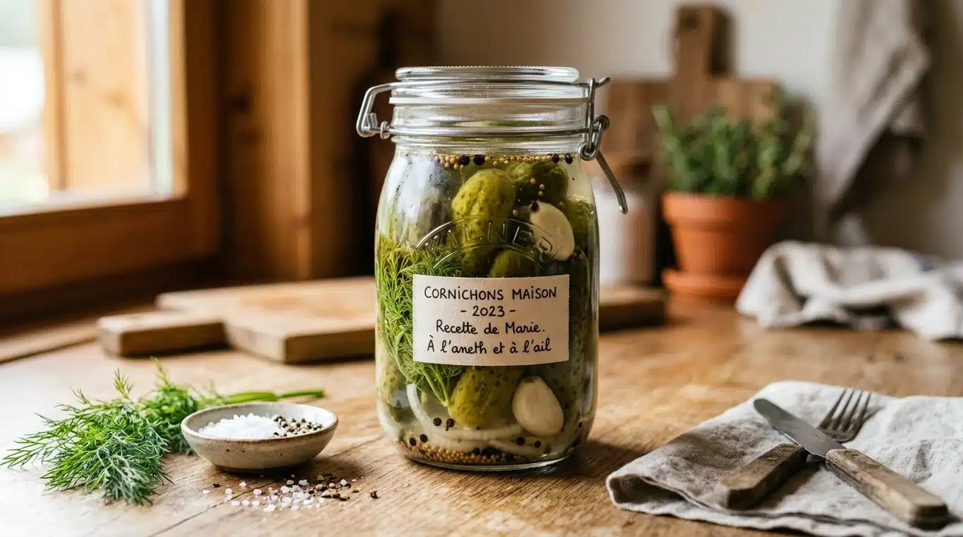 Bocaux de cornichons maison préparés avec des aromates.