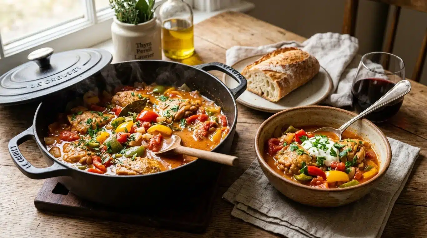Poulet au poivron et tomate mijoté dans une cocotte