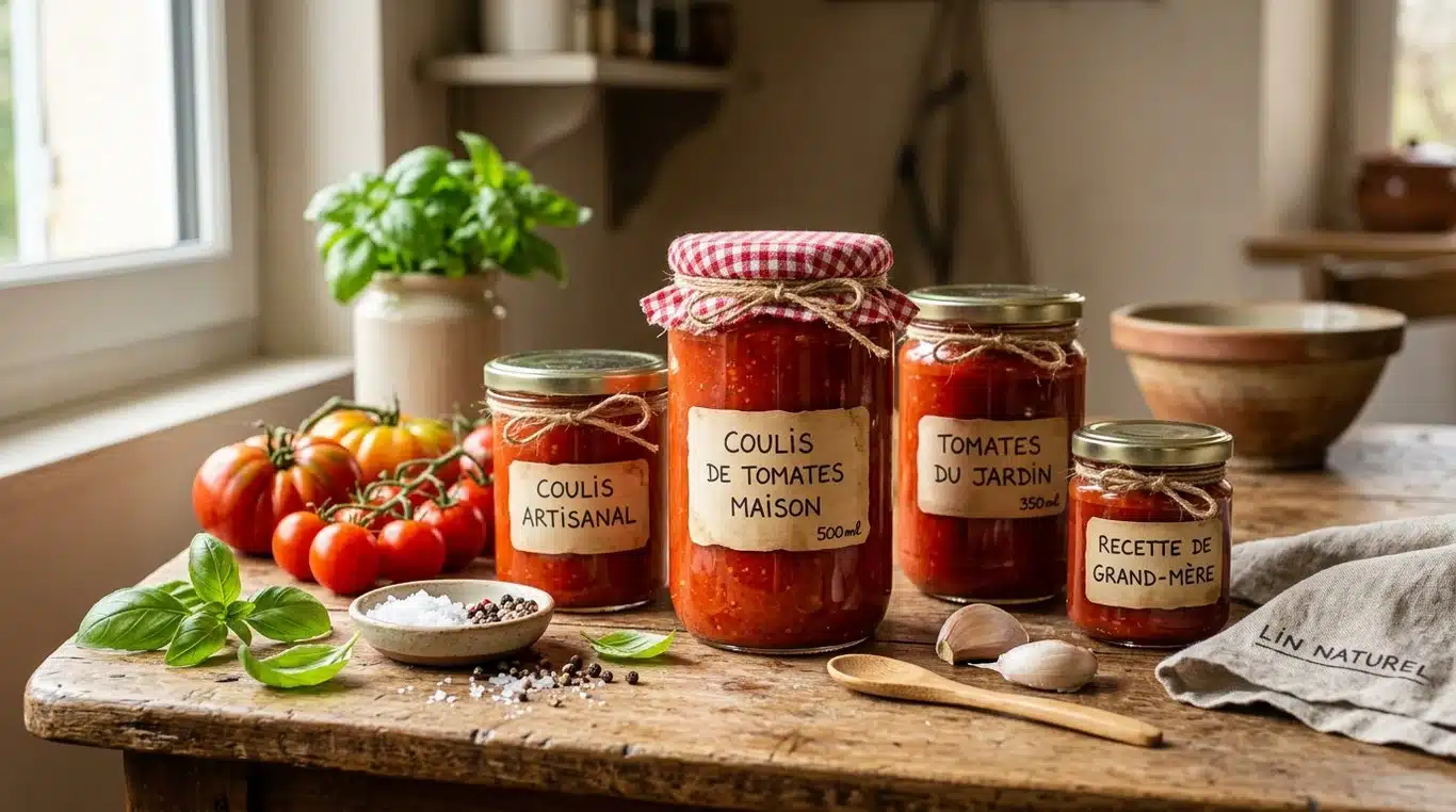 Bocaux de coulis de tomates maison prêts à être conservés