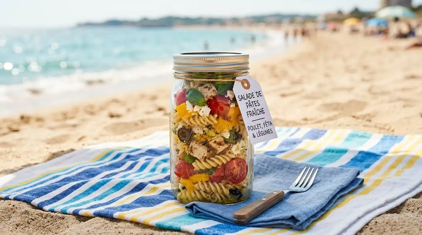 Salade de penne ensoleillée au poulet et citron dans un bocal en verre sur une serviette de plage