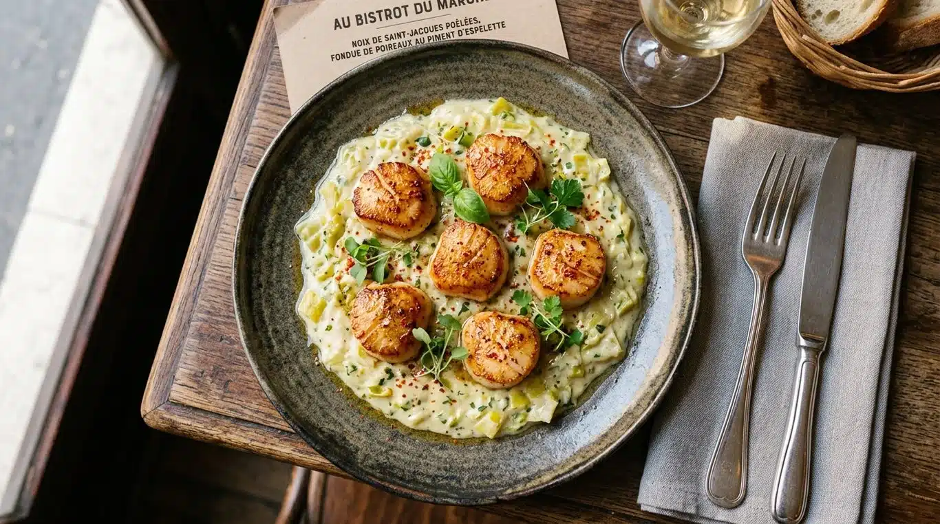 Noix de Saint-Jacques snackées et fondue de poireaux
