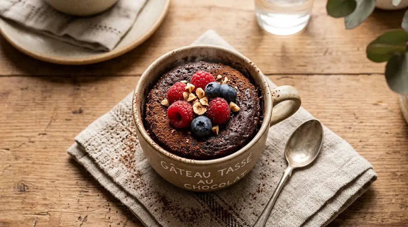 Un mug cake healthy au chocolat, garni de baies fraîches, prêt à être dégusté.