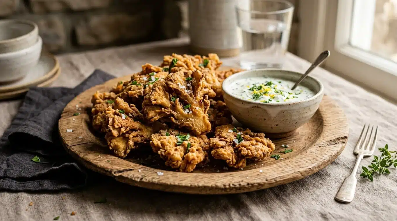 Nuggets de poule des bois croustillants servis avec une sauce au yaourt aux herbes
