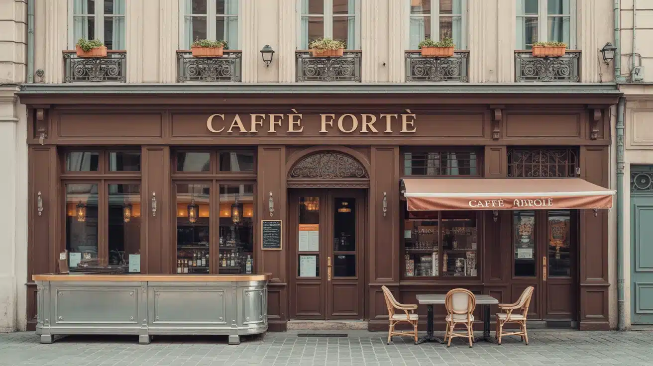 Façade stylisée Caffè Forté Grenoble avec ambiance accueillante