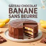 Illustration gâteau chocolat banane sans beurre sur table en bois avec bananes et chocolat