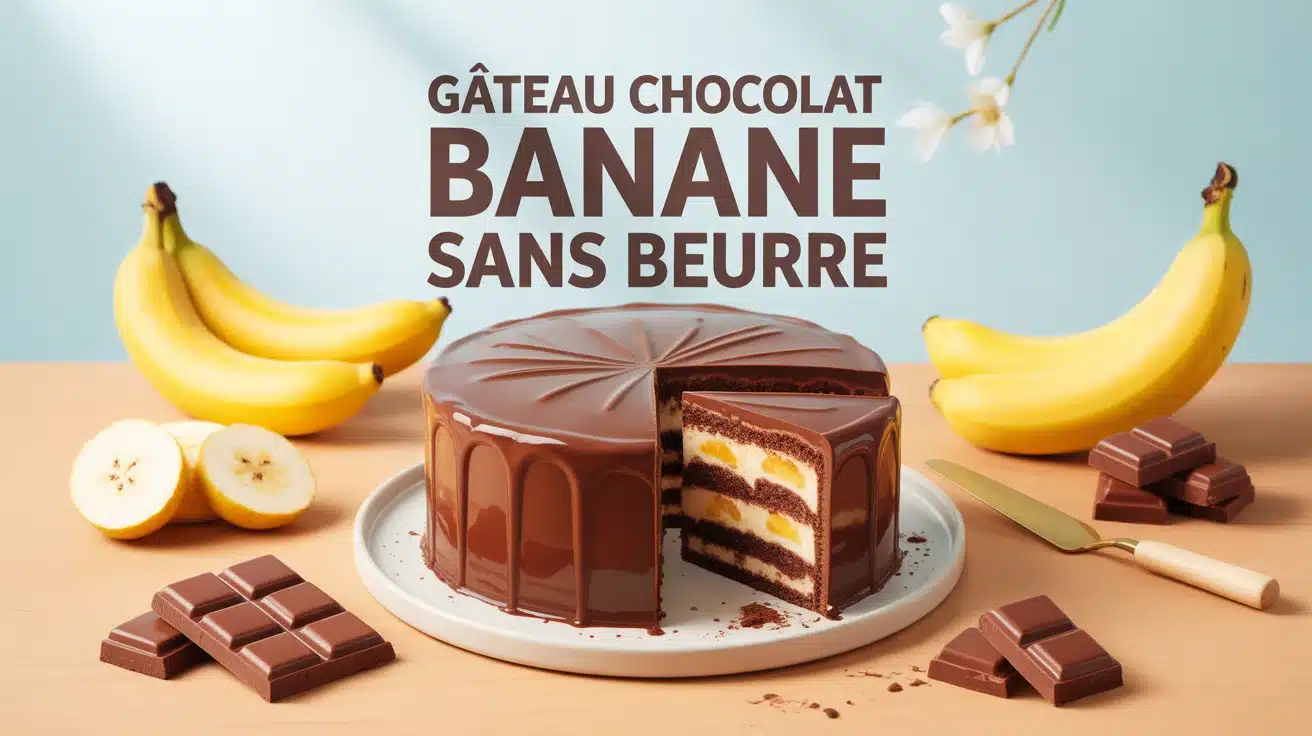 Illustration gâteau chocolat banane sans beurre sur table en bois avec bananes et chocolat