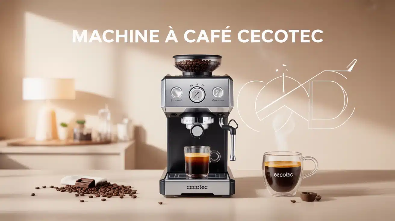 Machine à café Cecotec moderne avec tasse d'expresso et grains de café