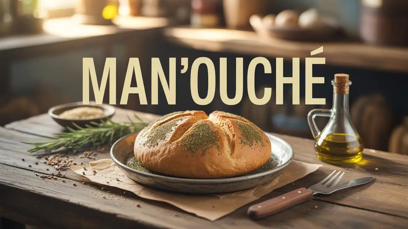 Manouche libanais doré garni de zaatar et huile d'olive sur table rustique