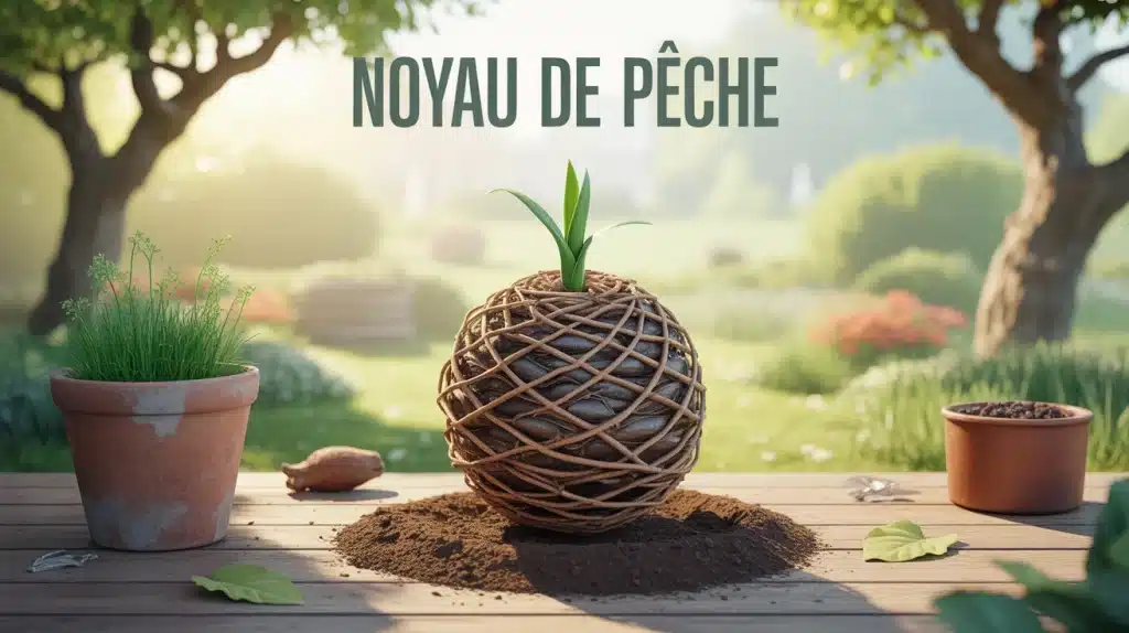 Illustration noyau de pêche en germination avec jeune pousse verte