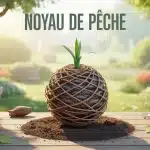 Illustration noyau de pêche en germination avec jeune pousse verte