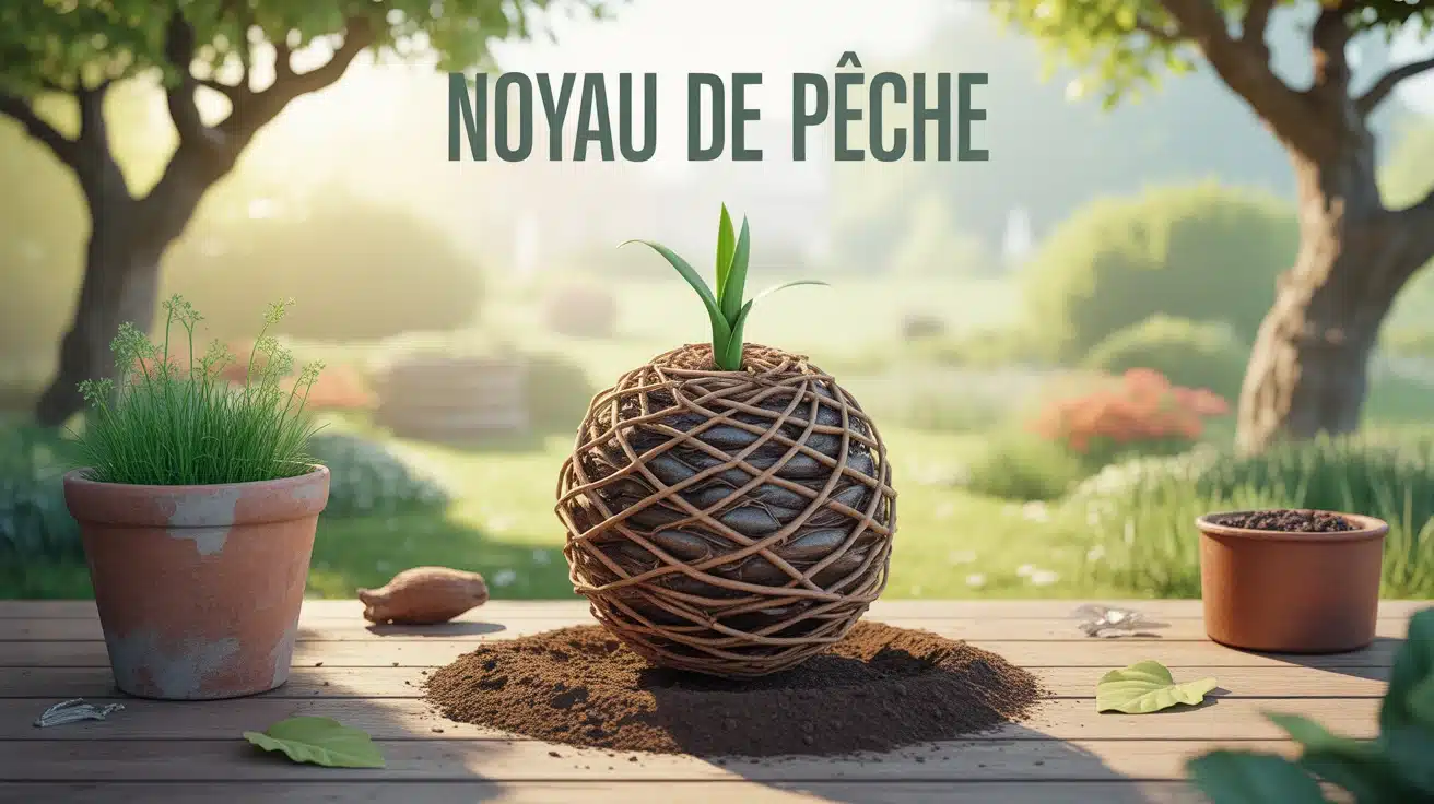Illustration noyau de pêche en germination avec jeune pousse verte