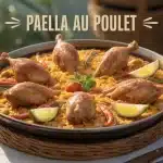 paella au poulet avec riz safrané et légumes colorés