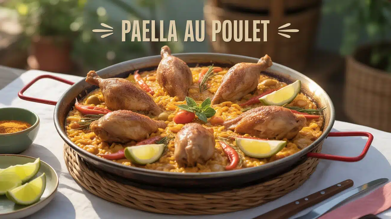 paella au poulet avec riz safrané et légumes colorés