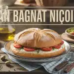 pan bagnat niçois traditionnel avec tomates et olives sur table rustique