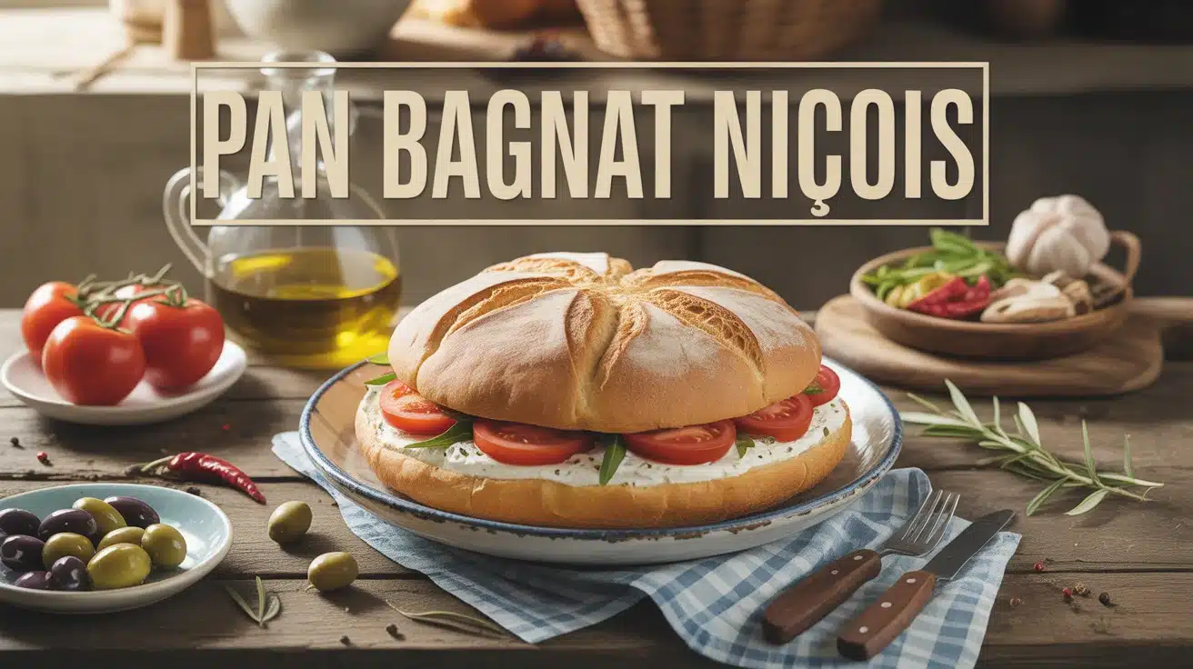 pan bagnat niçois traditionnel avec tomates et olives sur table rustique