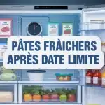 réfrigérateur ouvert avec paquets de pâtes fraîches après date limite