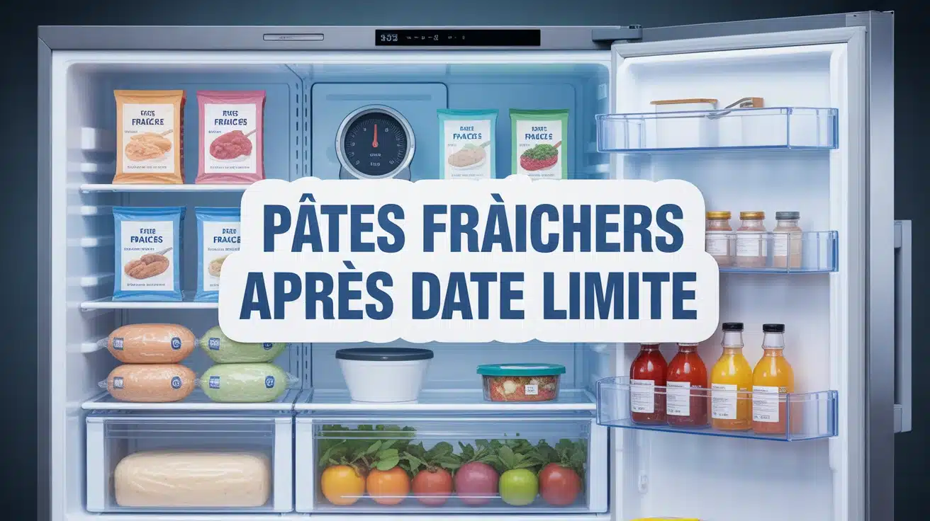 réfrigérateur ouvert avec paquets de pâtes fraîches après date limite