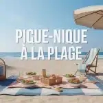pique-nique à la plage avec nappe glacière bocaux parasol