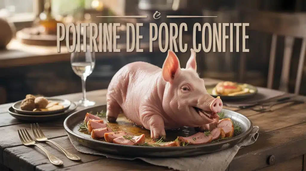 Poitrine de porc confite avec peau croustillante sur assiette
