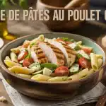 Salade de pâtes au poulet César dans bol en bois avec ingrédients frais