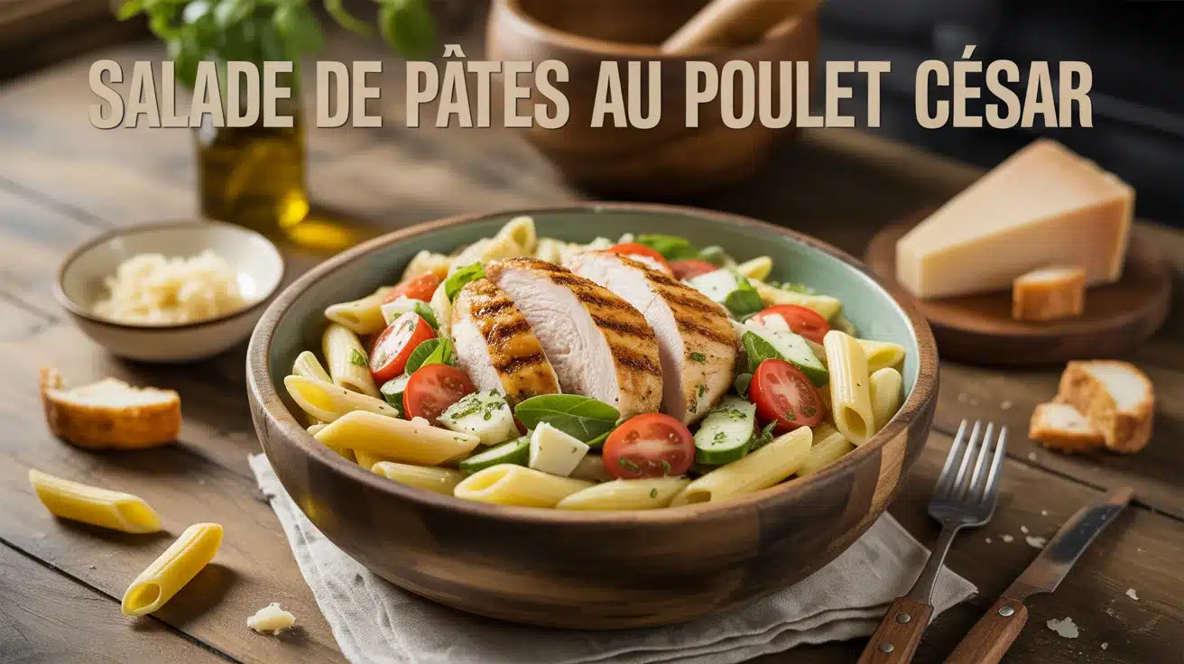 Salade de pâtes au poulet César dans bol en bois avec ingrédients frais