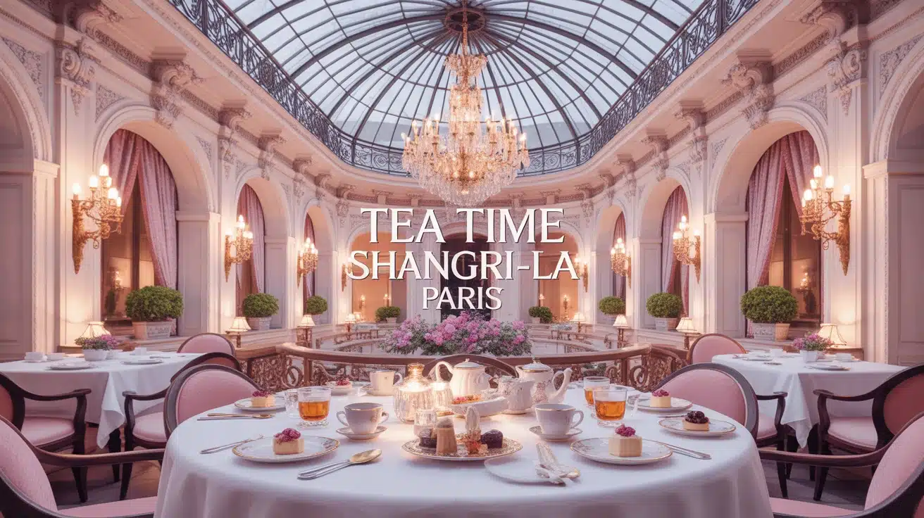 Tea time Shangri-La Paris sous coupole en verre avec pâtisseries