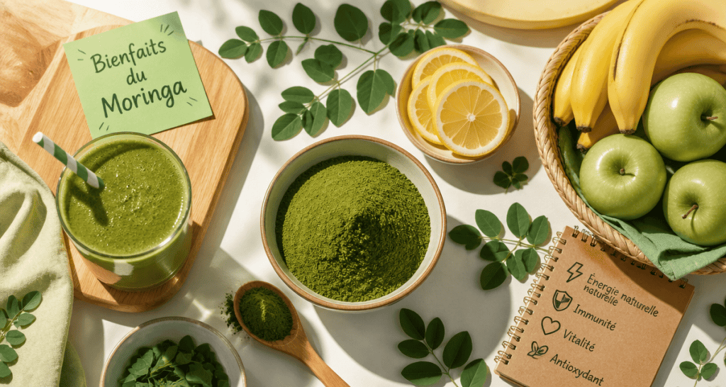 Bienfaits des feuilles de moringa sur une table cuisine