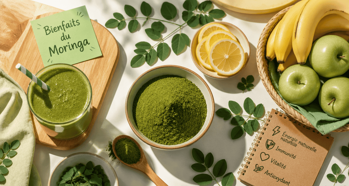 Bienfaits des feuilles de moringa sur une table cuisine