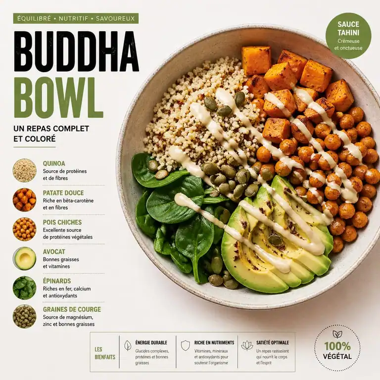 Buddha Bowl healthy au quinoa et légumes rôtis, exemple de repas sain et équilibré