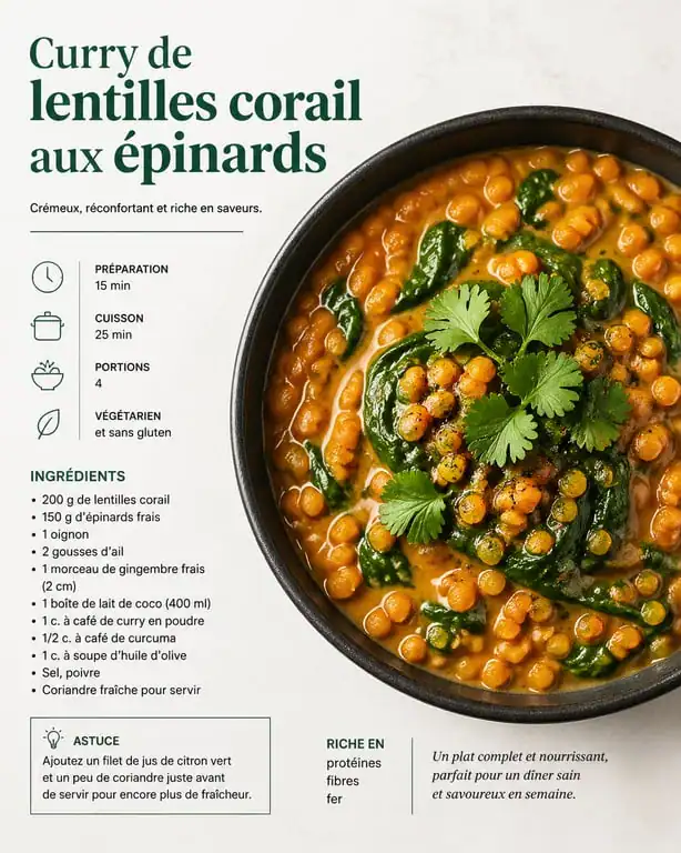 Curry de lentilles corail et épinards frais, un aliment bon pour la santé
