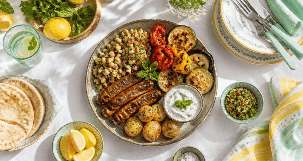 accompagner merguez avec légumes, taboulé et sauce
