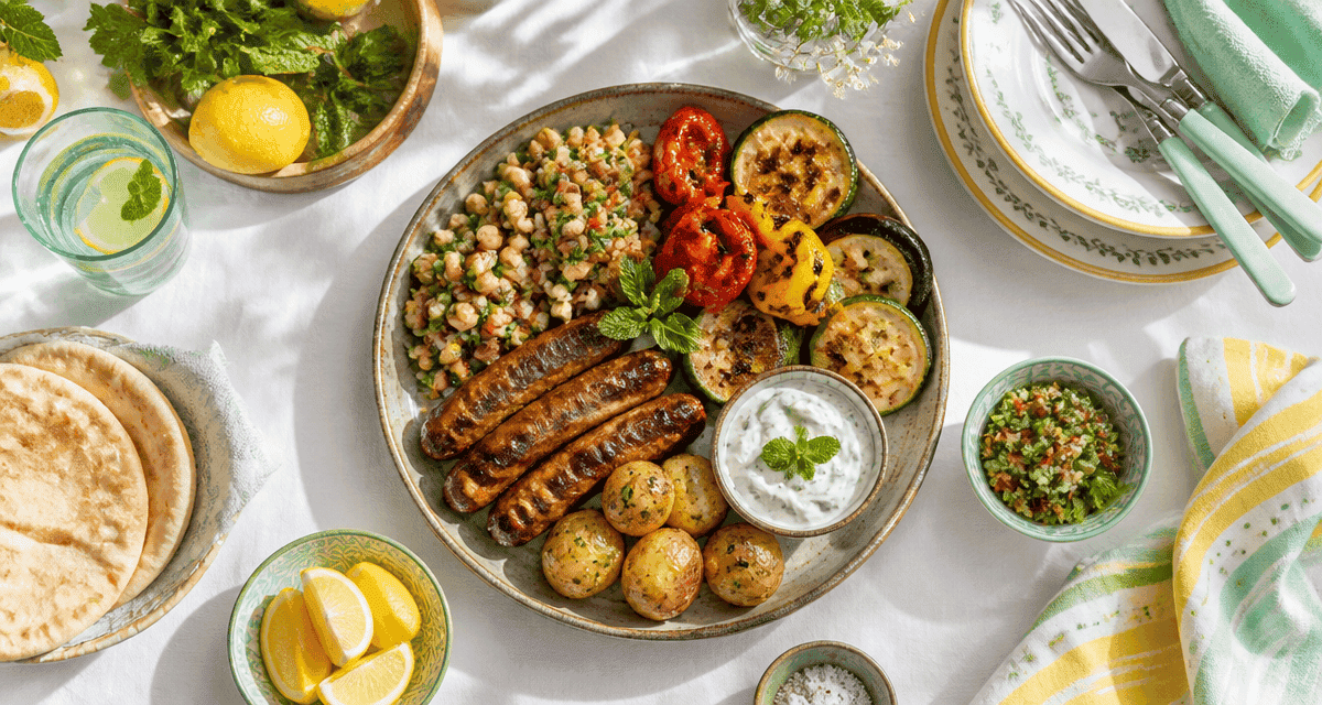 accompagner merguez avec légumes, taboulé et sauce