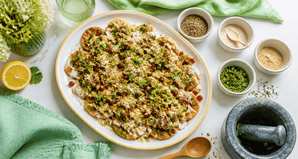 Chaat masala saupoudré sur Papri Chaat avec épices