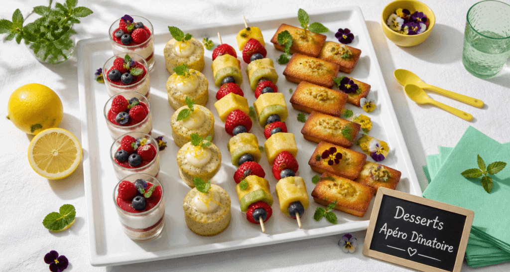 Plateau dessert apéro dinatoire avec verrines, financiers et fruits